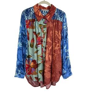Soft Surroundings Floral Hermosa Tunic Blouse Large Blue Orange Button Up